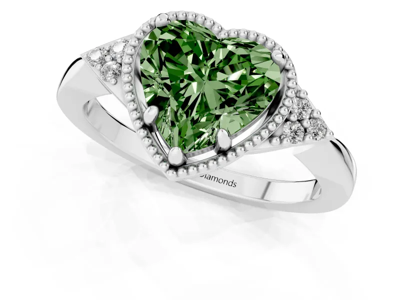 Fancy Green Heart Cut Diamond Milgrain Solitaire Ring Set in Silver with Tapered Pavé Band and Prong Setting