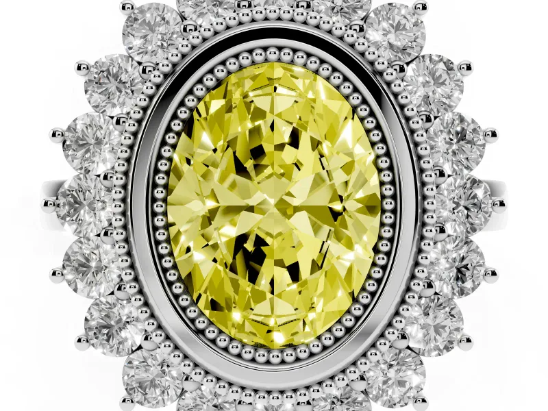 Fancy Yellow Oval Cut Diamond Halo Ring Set in Silver with Milgrain Edge and Round Prong Setting