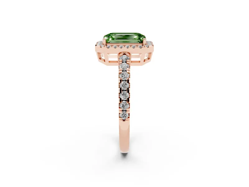 Fancy Green Emerald Cut Diamond Halo Ring Set in Rose gold with Delicate Pavé Band and Prong Setting