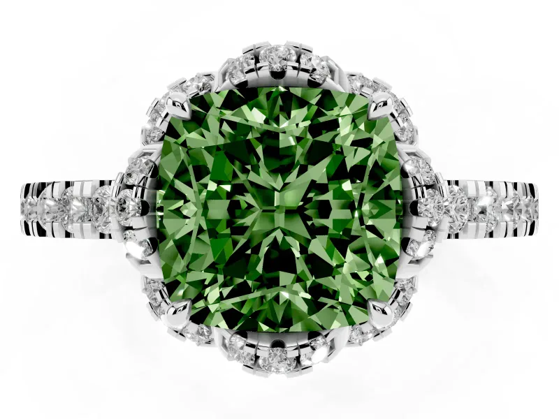 Fancy Green Cushion Cut Diamond Halo Pavé Band Ring Set in White gold with Prong-Held Center