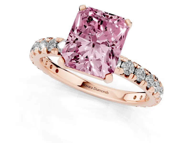 Fancy Pink Radiant Cut Diamond Pavé Solitaire Ring Set in Rose gold with Round Band and Prong Setting