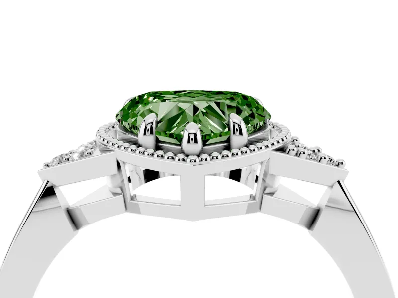 Fancy Green Heart Cut Diamond Milgrain Solitaire Ring Set in White gold with Tapered Pavé Band and Prong Setting