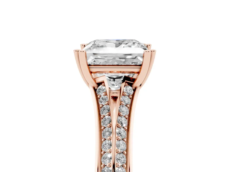 Princess Cut Pave Split Shank Engagement Ring Setting | Double Claw Prongs | Rose Gold