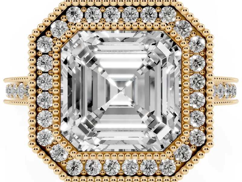 Asscher Cut Vintage Milgrain Halo Engagement Ring Setting | Filigree Gallery | Yellow Gold
