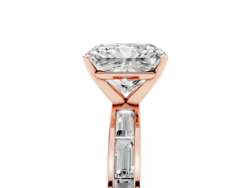 Radiant Cut Diamond Solitaire Ring Set in Rose gold with Channel-Set Baguette Band and Prong Setting