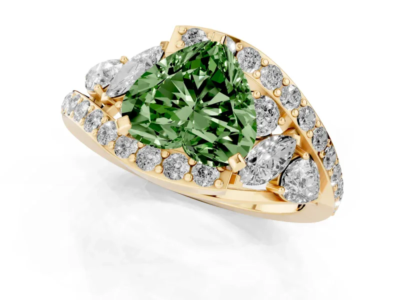 Fancy Green Heart Cut Diamond Halo Ring Set in Yellow gold with Marquise and Pavé Band in Prong Setting