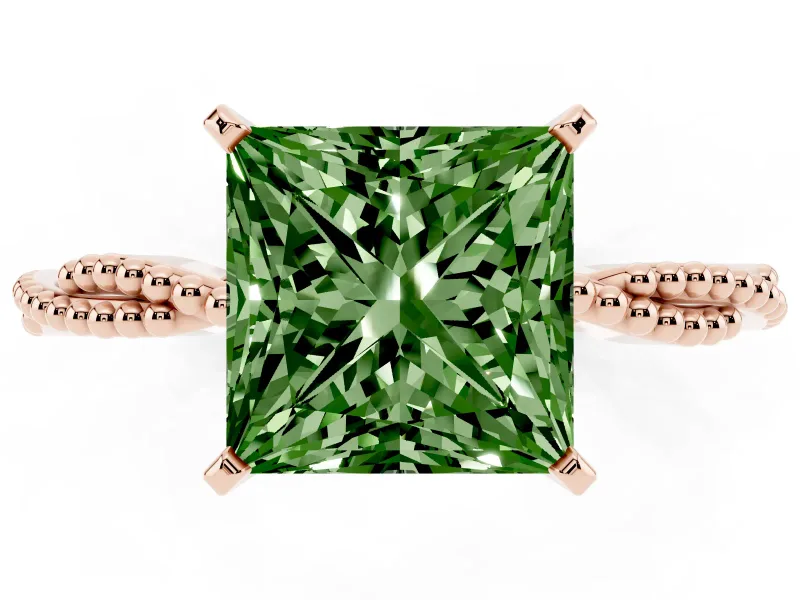 Princess Cut Twisted Engagement Ring Setting for a Fancy Green Lab-Grown Diamond | Beaded Twist | Rose Gold