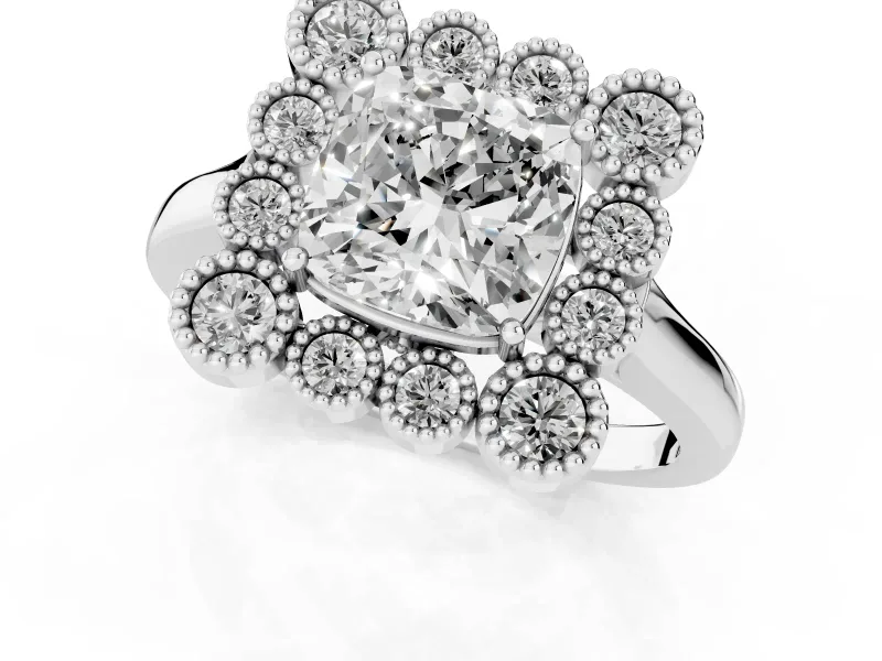 Cushion Cut Vintage Milgrain Bezel Cluster Halo Engagement Ring Setting | Plain Band | White Gold
