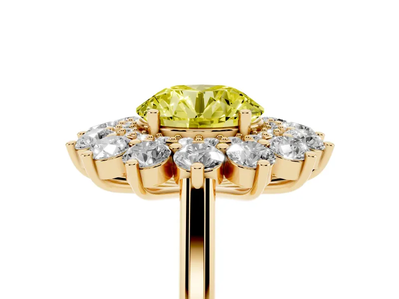 Round Floral Double Halo Engagement Ring Setting for a Fancy Yellow Lab-Grown Diamond | Plain Band | Yellow Gold