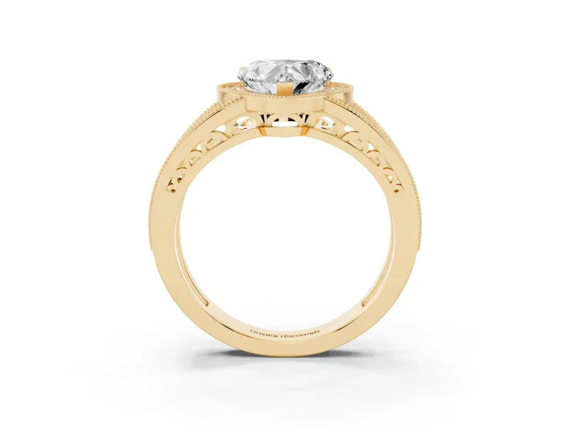 Heart-Shaped Milgrain Halo Engagement Ring Setting | Three-Row Split Shank | Yellow Gold