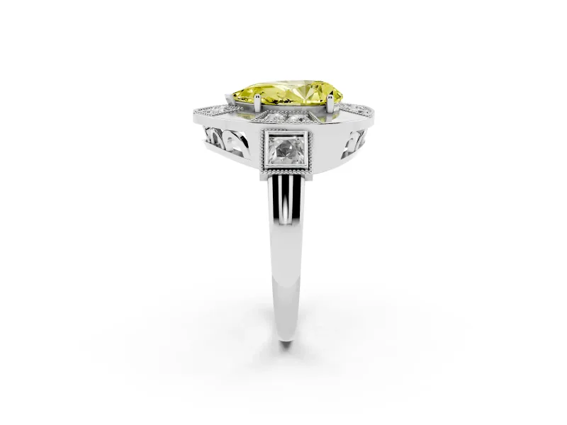 Fancy Yellow Pear Cut Diamond Milgrain Halo Ring Set in White gold with Split Shank