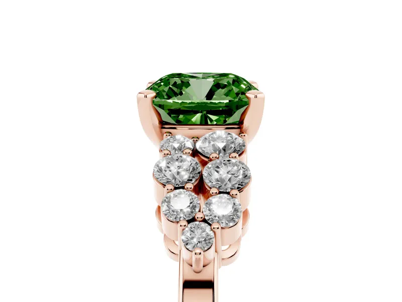 Cushion Cut Side Stone Engagement Ring Setting for a Fancy Green Lab-Grown Diamond | Shoulder Clusters | Rose Gold