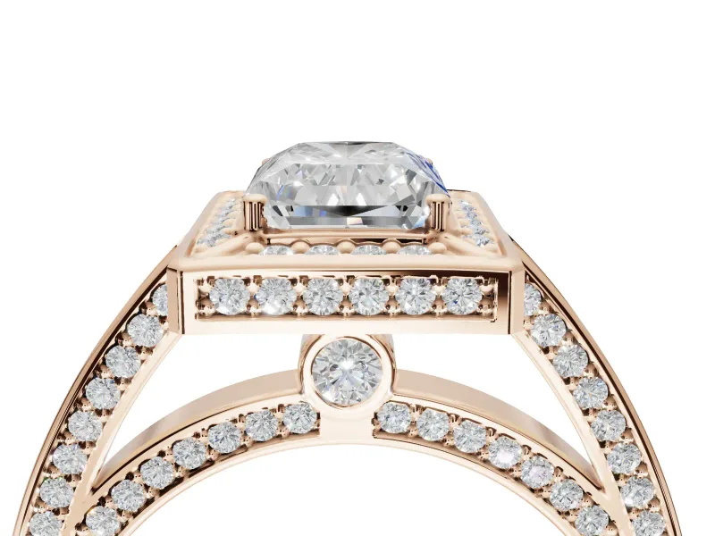 Radiant Cut Sectioned Halo Engagement Ring Setting | Pavé Gallery and Band | Rose Gold