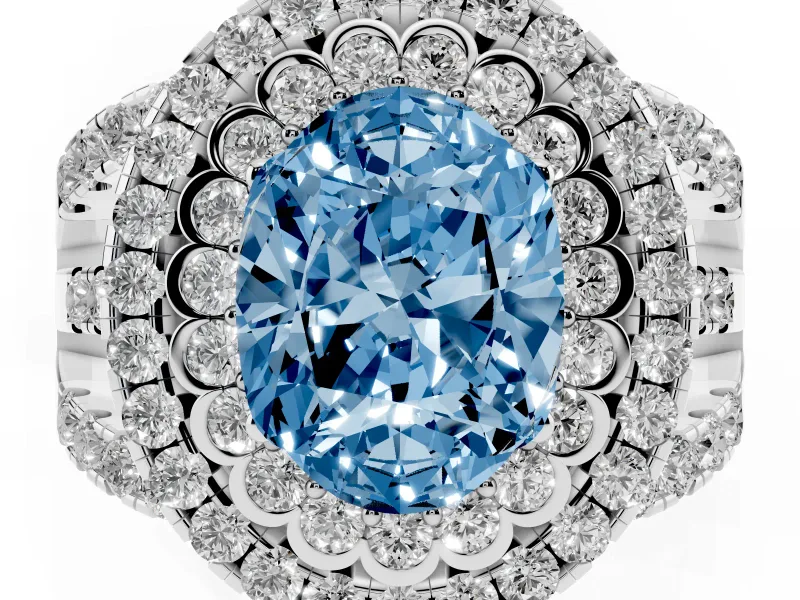 Oval Double Halo Split Shank Engagement Ring Setting for a Fancy Blue Lab-Grown Diamond | Pave Strands | Platinum