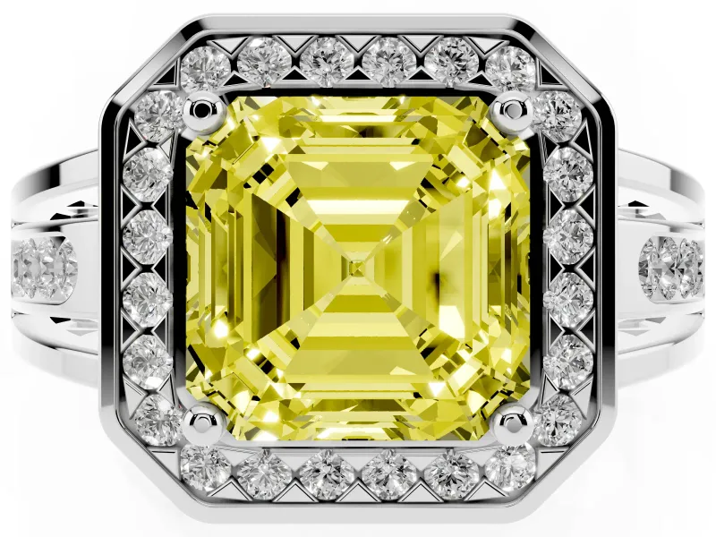Asscher Cut Halo Engagement Ring Setting for a Fancy Yellow Lab-Grown Diamond | Split Shank | Sterling Silver