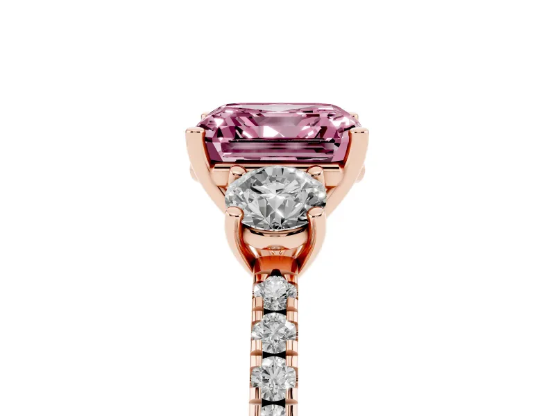 Asscher Cut Three Stone Engagement Ring Setting for a Fancy Pink Lab-Grown Diamond | Pave Shoulders | Rose Gold