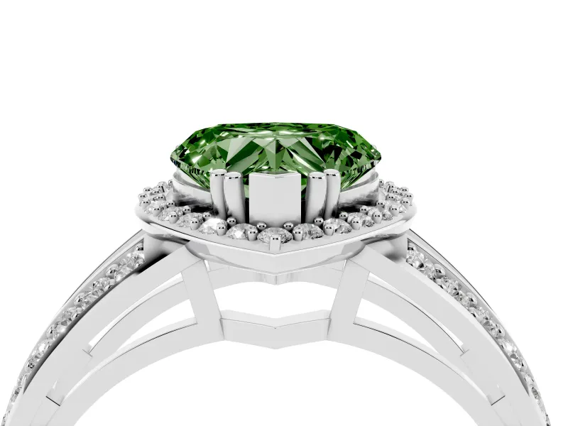 Fancy Green Heart Cut Diamond Halo Ring Set in White gold with Double Pavé Split Shank
