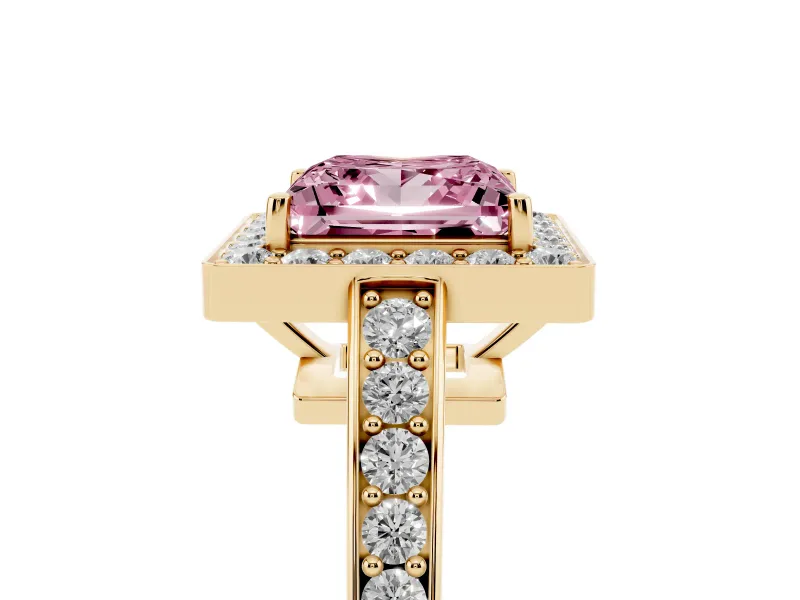 Fancy Pink Princess Cut Diamond Halo Pavé Engagement Ring Set in Yellow gold with Bezel Setting