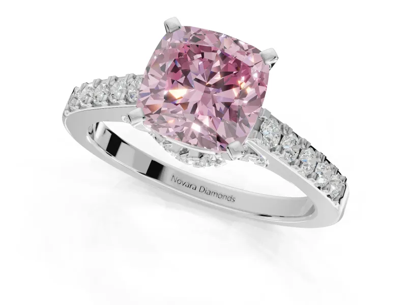Cushion Cut Pavé Solitaire Engagement Ring Setting for a Fancy Pink Lab-Grown Diamond | Crossover Gallery | Platinum