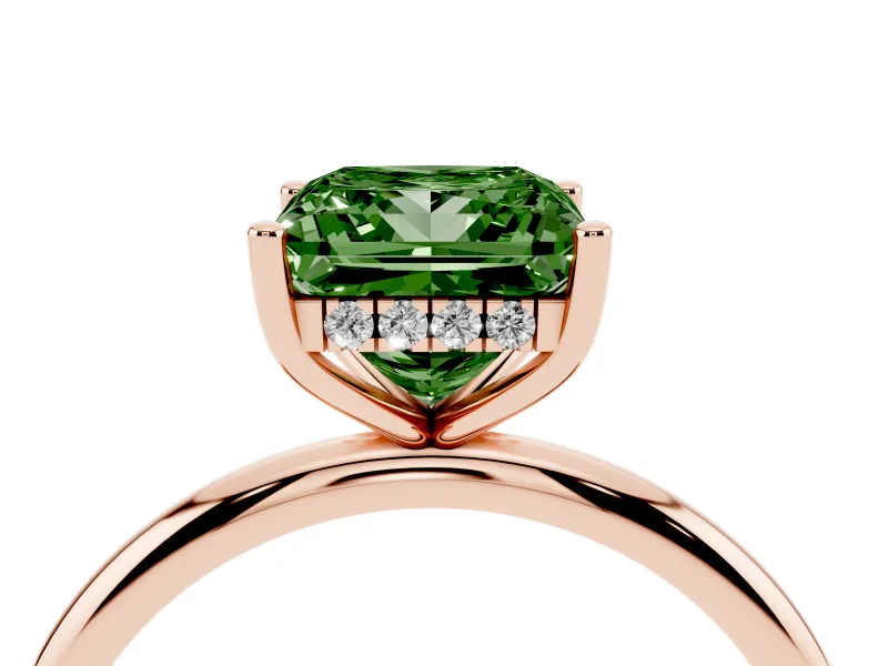Fancy Green Princess Cut Diamond Solitaire Engagement Ring Set in Rose gold with Prong Setting and Polished Band
