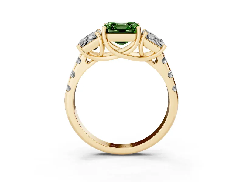 Asscher Cut Three Stone Engagement Ring Setting for a Fancy Green Lab-Grown Diamond | Accented Shoulders | Yellow Gold