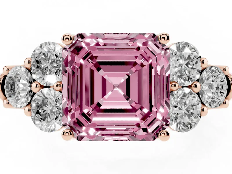 Fancy Pink Asscher Cut Diamond Cluster Ring Set in Rose gold with Round Accent Stones and Prong Setting on a Plain Band
