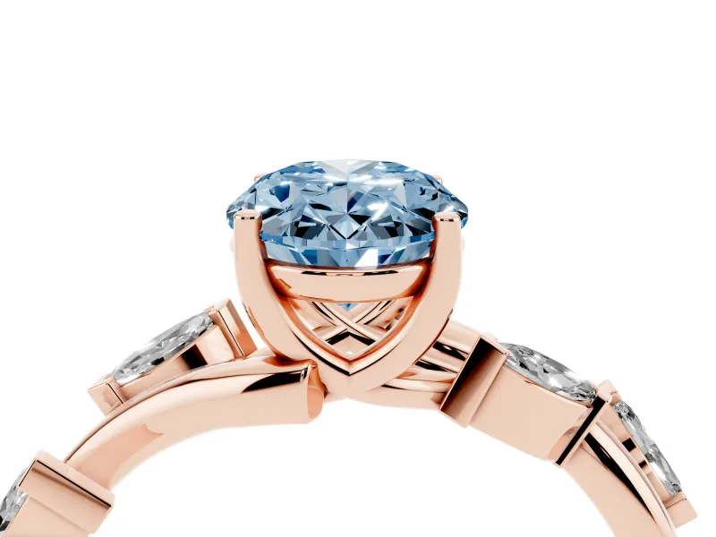 Fancy Blue Oval Cut Diamond Solitaire Ring Set in Rose gold with Twisted Marquise Accent Band