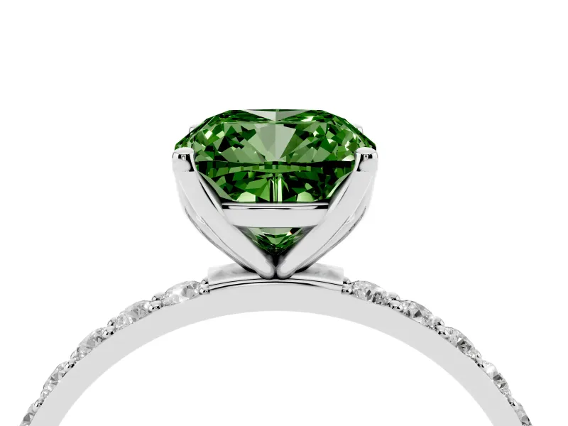 Fancy Green Cushion Cut Diamond Solitaire Engagement Ring Set in Platinum with Round Pavé Band and Prong Setting