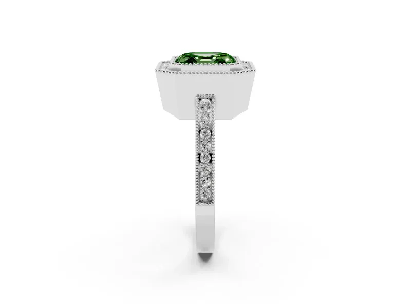 Fancy Green Asscher Cut Diamond Halo Ring Set in White gold with Pavé Band and Milgrain-Edged Prongs