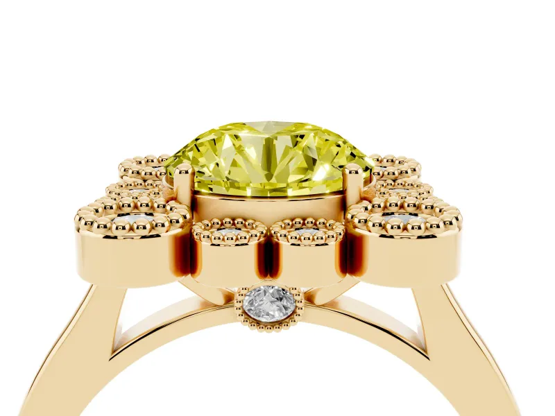 Round Milgrain Cluster Halo Engagement Ring Setting for a Fancy Yellow Lab-Grown Diamond | Plain Band | Yellow Gold