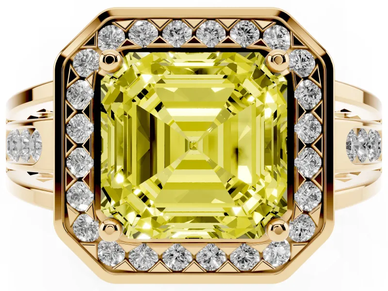 Asscher Cut Halo Engagement Ring Setting for a Fancy Yellow Lab-Grown Diamond | Channel-Set Split Shank | Yellow Gold