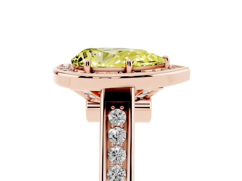 Fancy Yellow Pear Cut Diamond Halo Solitaire Ring Set in Rose gold with Pavé Band and Bezel Setting