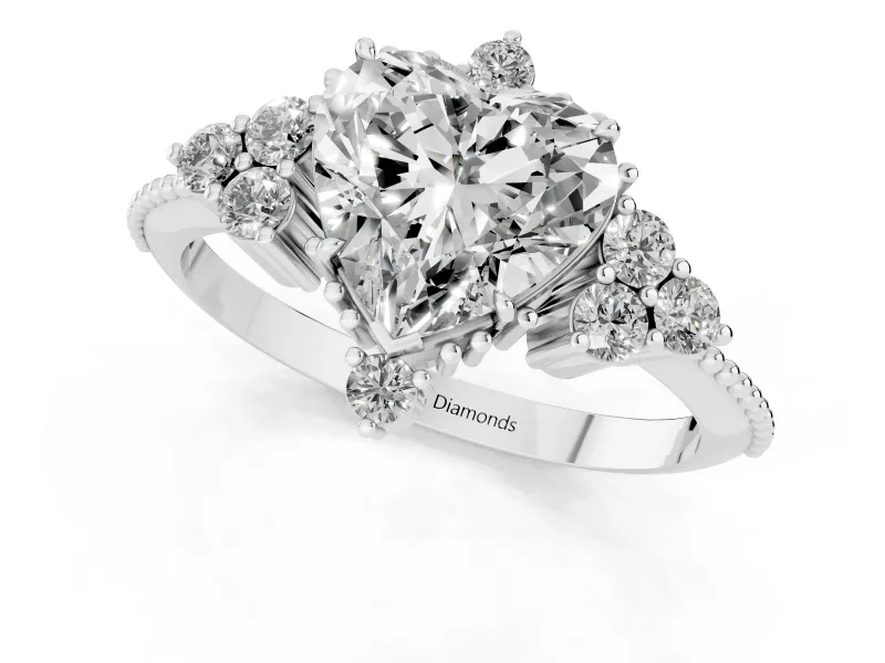 Heart-Shaped Vintage Cluster Engagement Ring Setting | Beaded Edges | Platinum