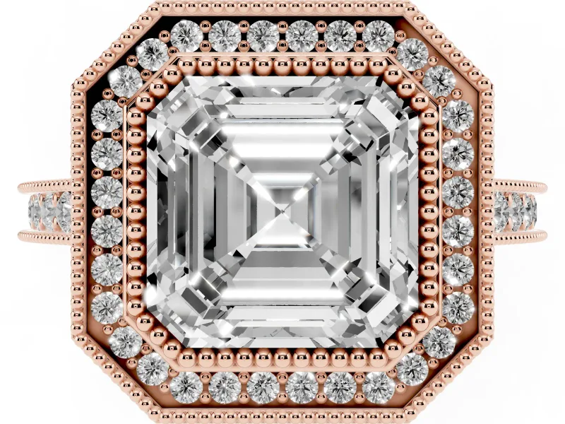Asscher Cut Vintage Milgrain Halo Engagement Ring Setting | Bezel Head | Rose Gold