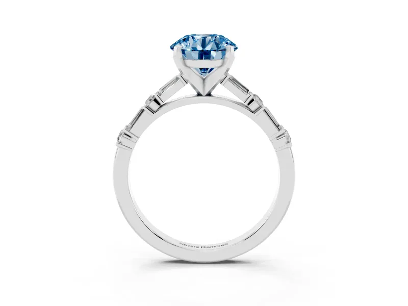 Fancy Blue Round Cut Diamond Solitaire Set in Platinum with Side Baguettes and Channel Set Band