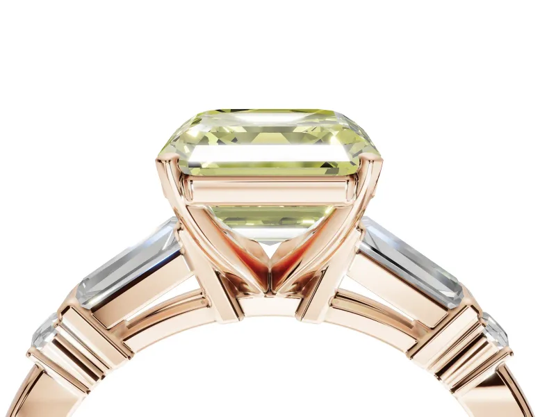 Asscher Cut Tapered Baguette Engagement Ring Setting for a Fancy Yellow Lab-Grown Diamond | Bar Set Sides | Rose Gold