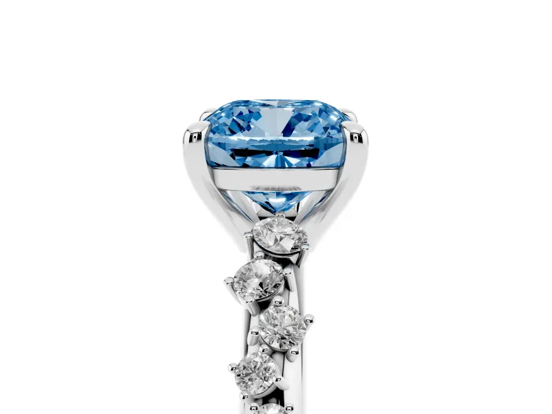 Fancy Blue Cushion Cut Diamond Solitaire Vine Band Ring Set in White gold with Round Accents and Prong Setting