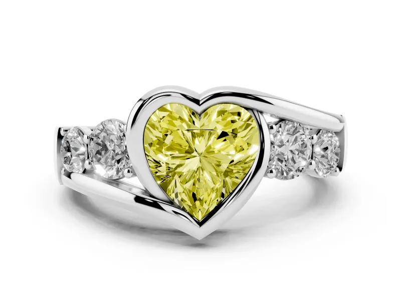 Fancy Yellow Heart Cut Diamond Bezel Bypass Ring Set in Silver with Round Accents