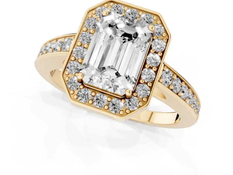 Emerald Cut Framed Halo Engagement Ring Setting | Graduated Pavé Band | Yellow Gold