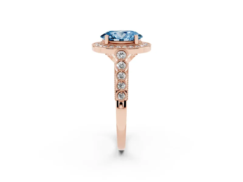 Oval Graduated Milgrain Halo Engagement Ring Setting for a Fancy Blue Lab-Grown Diamond | Rose Gold