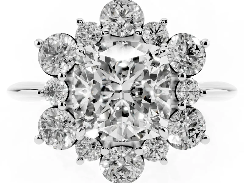 Cushion Cut Cluster Halo Engagement Ring Setting | Two-Size Accents | Platinum