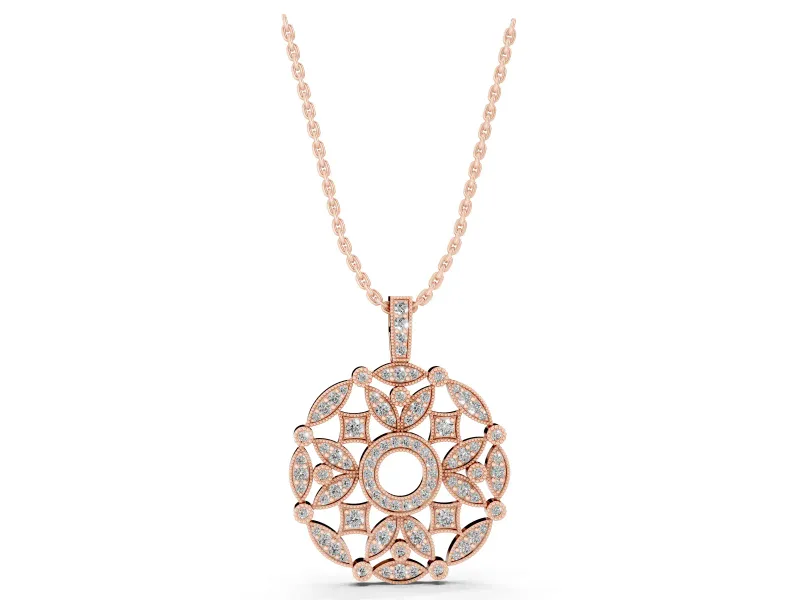 Round Lab-Grown Diamond Graduated Filigree Disc Pendant Necklace | Milgrain Edges | Rose Gold