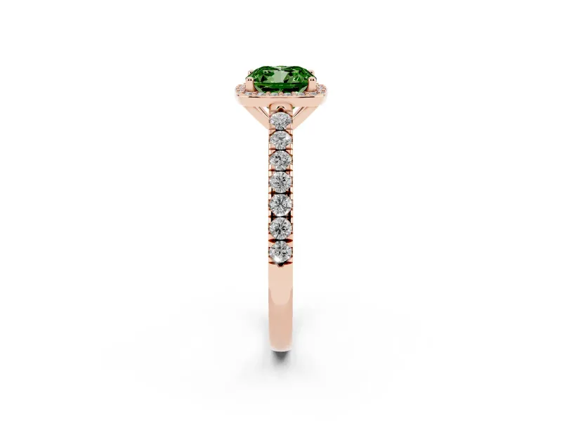 Fancy Green Cushion Cut Diamond Halo Engagement Ring Set in Rose gold with Pavé Band and Prong Setting