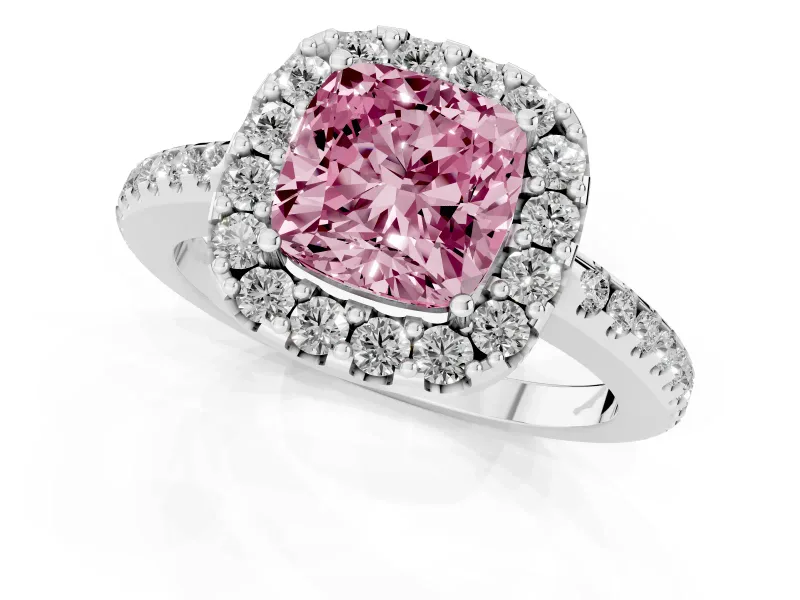 Cushion Cut Pave Halo Engagement Ring Setting for a Fancy Pink Lab-Grown Diamond | Pave Band | Sterling Silver