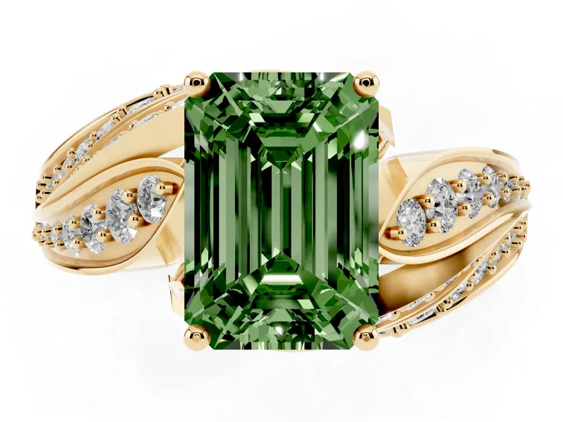Emerald Cut Bypass Pavé Engagement Ring Setting for a Fancy Green Lab-Grown Diamond | Graduated Pavé | Yellow Gold