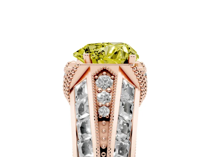 Fancy Yellow Heart Cut Diamond Vintage-Inspired Milgrain Ring Set in Rose gold with Accent Split Shank