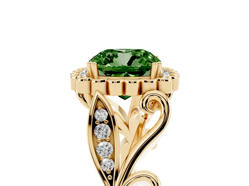 Cushion Cut Leaf Halo Engagement Ring Setting for a Fancy Green Lab-Grown Diamond | Yellow Gold