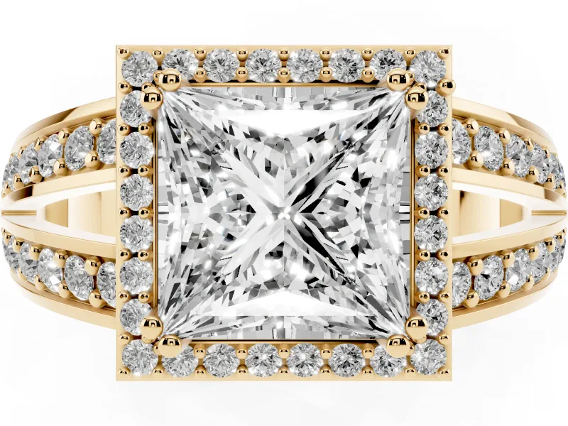 Princess Cut Halo Engagement Ring Setting | Two-Row Pave Split Shank | Yellow Gold
