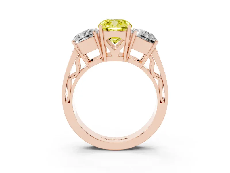 Cushion Cut Three Stone Engagement Ring Setting for a Fancy Yellow Lab-Grown Diamond | Beaded Shoulders | Rose Gold