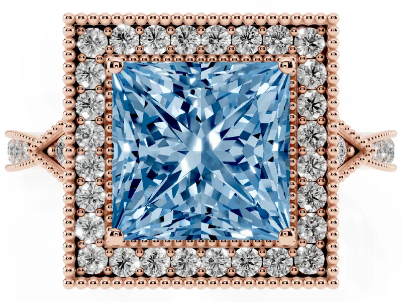 Fancy Blue Princess Cut Diamond Halo Engagement Ring Set in Rose gold with Milgrain Pavé Band